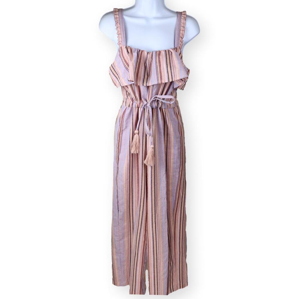 BaeVely Pink Striped Ruffled Sleeveless Jumpsuit S